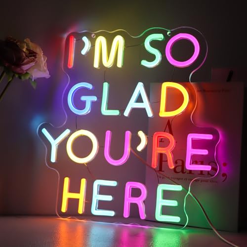 Image of I'm So Glad You're Here Neon Sign for Teachers - Dimmable Multicolor Letter LED Light with Wired Controller, Rainbow Glow Classroom Decor, 12.2x11.8 in, Includes 4 Wall Anchors & 2m USB Cable