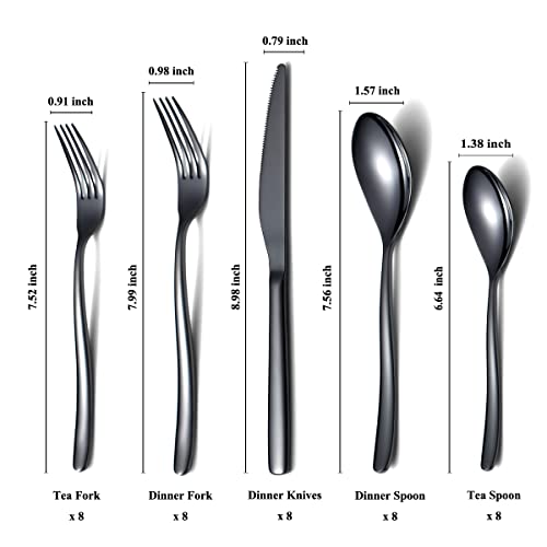 HOMQUEN 40-Piece Black Silverware Set, Black Flatware Set for 8, Stainless Steel Tableware Cutlery Set, Utensil Sets for Kitchen, Forks and Spoons Silverware (Shiny Black)