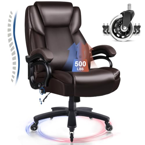 Image of Waleaf 500lbs Big and Tall Office Chair, Heavy Duty Chair for Heavy People, Adjustable Ergonomic Lumbar Support Executive Chair, Large High Back and Quiet Rubber Wheels, Brown