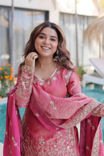 Image of Women's Embroidered Kurta Sharara Set with Dupatta | Designer Indian Ethnic Suit | Festive, Wedding, Engagement & Party Outfit for Women