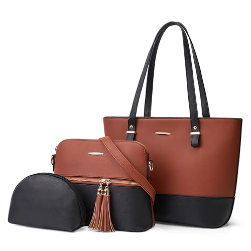 Moda 3 Pezzi Set Borse Donna Tote Borsa a Tracolla Borsetta Elegante PU Pelle a Mano per Viaggio Shopping Lavoro Vacanza Casuale Satchel Messenger Marrone con Nero