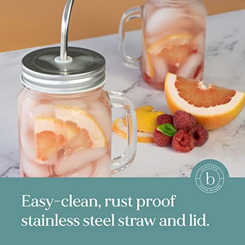 brimley 16oz Glass Mason Jar with Lid and Straw Set of 4 - Glass Jar with Lid and Handle for Cold Drinks - Glass Mason Jars with Lids and Straws (Stainless Steel)