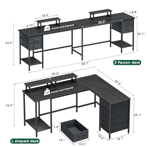 59 inch L Shaped Computer Desk with Power Outlets, Home Office Desk with 4 Adjustable Storage Drawers & 2 Monitor Stands, Two Person Gaming Table for Bedroom, Black