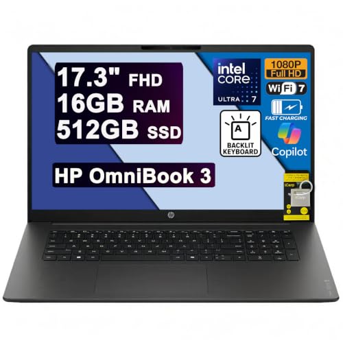 Image of HP OmniBook 3 AI Laptop 17.3 inch FHD IPS Intel 12-core Ultra 7 255U 16GB RAM 512GB SSD Backlit Type-c WiFi7 for Creator Designer Business Professional Win11 ICP Hub