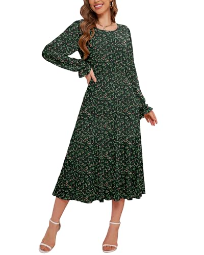 Image of CYiNu Women's Midi Dresses Long Sleeve Crew Neck Flowy Casual Floral Boho Tiered Chiffon Smocked Elegant Dress