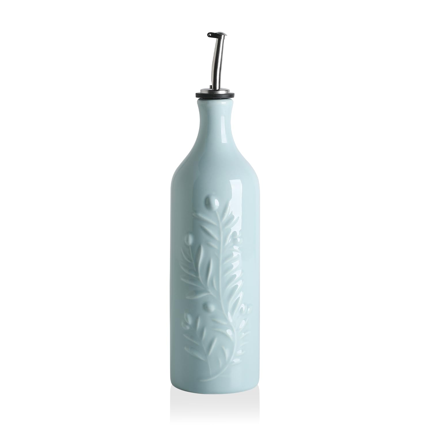 Sweejar Large Olive Oil Dispenser Bottle with Spout, 24 Oz Ceramic Oil Dispenser for Kitchen, Relief Opaque Cruet, Container for Cooking, EVOO, Vinegar, Pack of 1 (Light Blue)