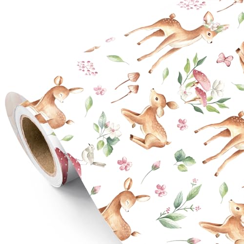 WRAPAHOLIC Baby Deer Wrapping Paper Roll - Mini Roll - 17 Inch x 16.5 Feet - Cute Woodland Animal Baby Shower Wrapping Paper for Boys Girls Birthday Baby Shower Nursery Deco