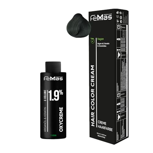Femmas Haarfarbe Set Grün I Hair Color Cream 100ml + Oxycreme 100ml 1,9% I Permanente Haar-Coloration + Entwickler I Schonend & langanhaltend I Salon-Haarfarbe für Zuhause