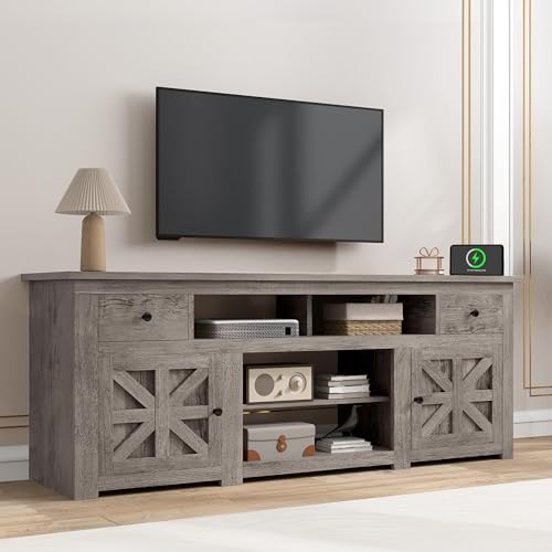 DWVO Farmhouse TV Stand for 75/80 Inches TVs, Entertainment Centers Furniture 30" Tall, TV Consoles with Storage Drawers & Power Outlet, Rustic TV Stands for Living Room, Washed Grey