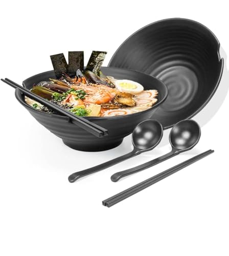 THP DEALS Large Ramen Bowl Set of 2 - Japanese Kitchenware Tableware for Pasta Dishes Salad Udon Pho Soup Dumplings - 1100ml Bowl Chopsticks Spoon Sets - Great Housewarming Gift