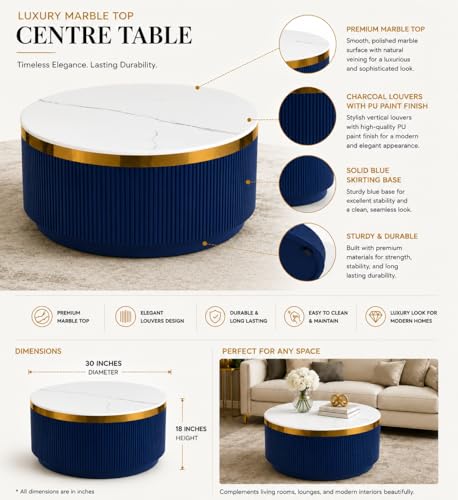 Image of Modern Round Centre Table - 76x76x46 cm | White Marble Top with Gold Accent Strip & Charcoal Louvers | Luxury Coffee & Tea Table for Living Room, Lounge & Entryway (Blue)