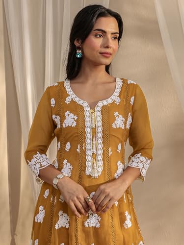 Image of Libas Embroidered Chiffon Anarkali Kurta With Trousers and Dupatta | ethnic wear | bridal suit | occasion wear