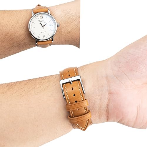 Gomvadr Vintage Genuine Top Grain Leather Watch Strap Quick Release, 18/19/20/21/22/24mm, Silver/Black Buckle, Universal Fit Unisex for Daily Wear (Yellowish Brown with Silver Buckle, 20mm) — view 4