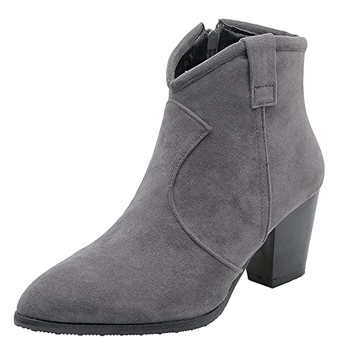 Lroey Reoly Botines Mujer Tacón Ancho, Botas de Vaquero Casual Zip Botines Tacón Medio Puntiagudo 429 Gris Talla 37 EU