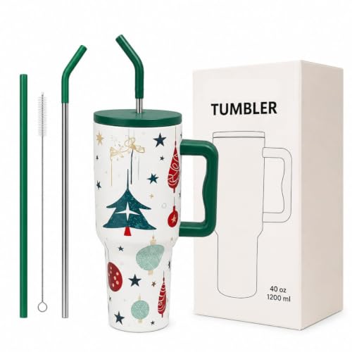 Image of Stainless Steel 1200 ml Vacuum Tumbler with Lid & Straw - Double‑Wall Insulated Cup for Travel, Gym & Office - Keeps Beverages Hot or Cold - 1.2 L Capacity (Cristmas Green)