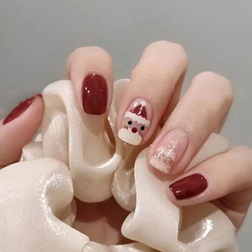 Ceboic 24 Piezas Navidad Uñas Postizas Cortas Cuadradas, Francesas Muñeco de Nieve Uñas Falsas, Árbol de Navidad Acrílicas Uñas Adhesivas, Reutilizable Cobertura Completa Press on Nails para Mujeres