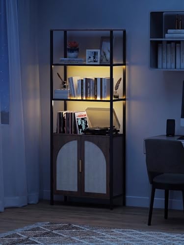Qriocioa 71" Tall Rattan Bookcase with LED Light, 3 Open Shelves & 2 Door Storage Cabinet, Mid Century Boho Bookshelf, Open Display Bookcase for Living Room, Home Office, Bedroom