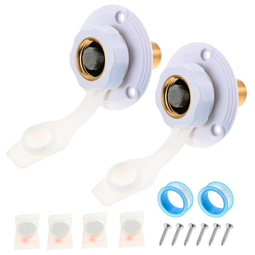 Image of 2Pcs RV City Water Inlet with Check Valve，RV Water Inlet with 3 /4 inch NH Female to 1 /2 inch NPT Male Flange Brass with Dust Plug for RV Camper Motorhome Trailer Marine(White)