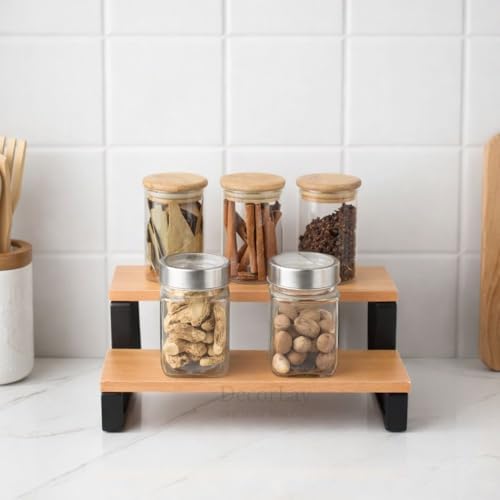 Image of Decorlay 2-Tier Metal & Laminated Board Stairs Spice Rack Cosmetic Organizer Stand, Kitchen Countertop for Pantry Cupboard, Countertop (Beech+Black)