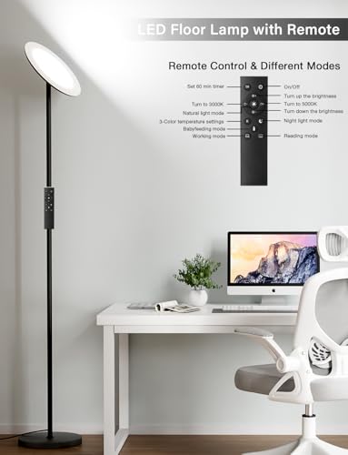 modern led floor lamp - remote amp touch control 40w2400lm sky torchiere standing lamp fully dimmable 3 color temperatures ideal for living room amp bedroom easy to assemble