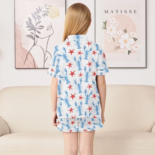 Blue Lobster Stars Pattern Summer Satin Pajama Set, Cute Button-Down Sleepwear Pj Set for Sleep Wears4