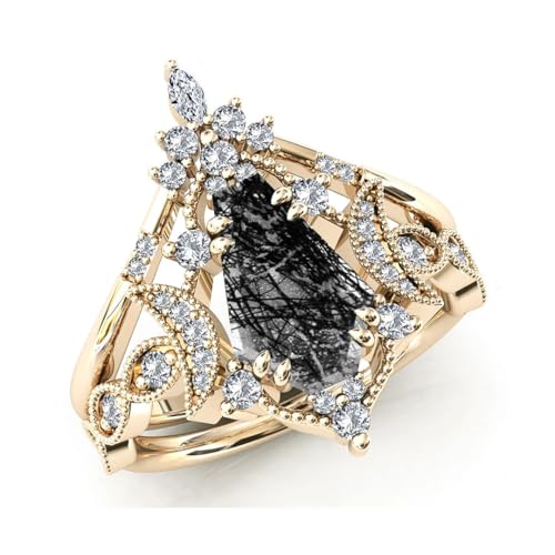 Natural Hexagon Black Rutilated Quartz Engagement Ring Set 925 Sterling Silver Rings for Her with Free Engraving Jewelry Gift for Women Black Rutilated Quartz Vintage Ring Set Size 4-15 -194