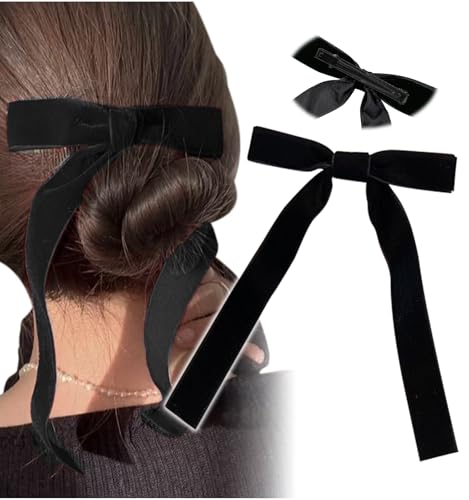 [Herbeluemily] ベロア リボン ヘアアクセ ヘアゴム クリップ バレッタ ヘアアレンジ ヘアアクセサリー ベルベット バレッタタイプ ブラック HM-0072-R01-BK-VA