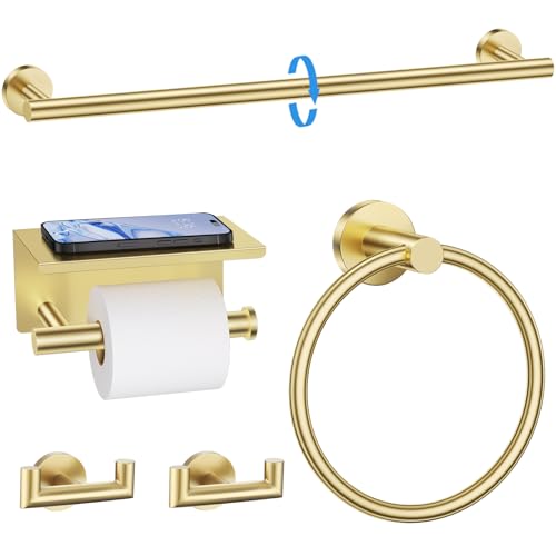 TNOMS 5-Piece Towel Bar Set Brushed Gold Bathroom Hardware Accessories
