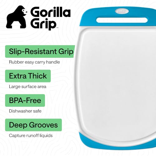 Image of GORILLA GRIP BPA-Free Reversible Kitchen Cutting Board Set of 3, US Designed, Nonporous, Juice Grooves Catch Liquid, Slip Resistant Border, Dishwasher Safe, Durable Large Food Chopping Boards, Aqua