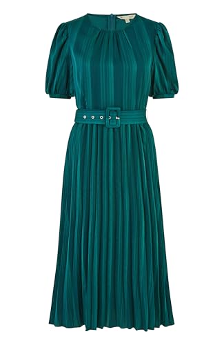 Yumi Green Satin Striped Midi Dress with Pleats and Matching Belt (UK, Numeric, 16, Regular, Regular, Green)