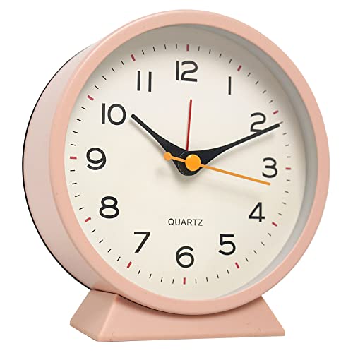 Shisedeco 4.5" Battery Operated Antique Retro Analog Alarm Clock, Small Silent Bedside Desk Metal Clock With Light Function, Non-Ticking Clock Decor For Living Room,Bedroom,Bedside,Shelf (Pink) #TOP10