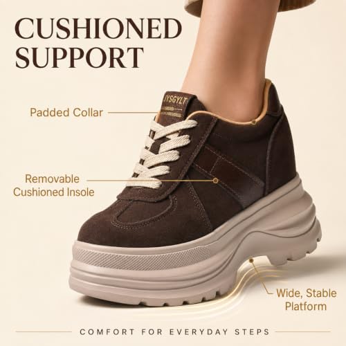 Image of Comfortable Women's Platform Sneakers, 5 Inch Heel Wedge Sneakers for Women, 12cm High Chunky Platform Shoes, Genuine Suede Leather Upper Casual Walking Shoes for Office Working Everyday wear