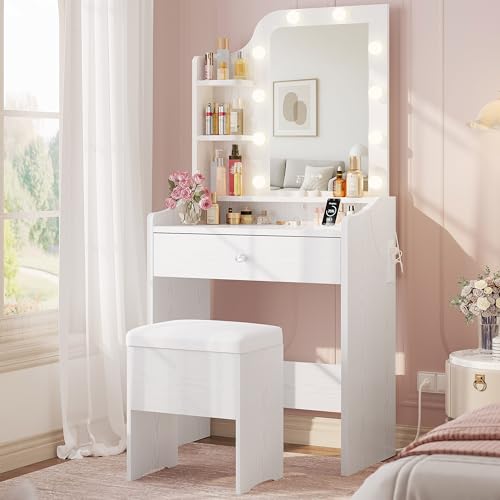 Image of LIKIMIO Small Vanity Desk with Mirror Lights and Storage Stool, White