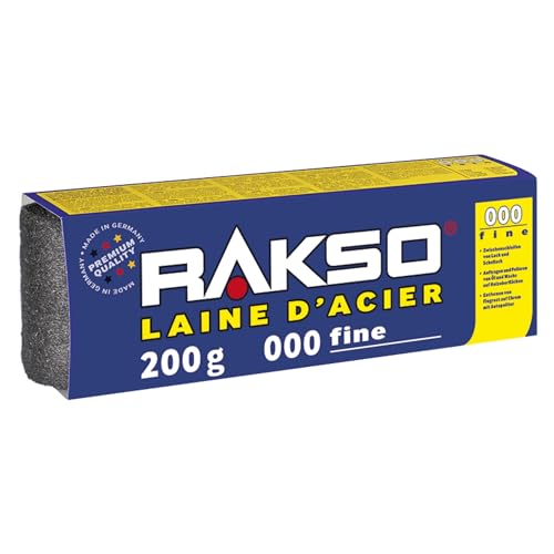 RAKSO Laine d'acier 000, 200g, 1 Banderole, Paille de fer, Finition de Vernis, Polissage de Cuivre, Laiton, Huile et Cire sur Bois