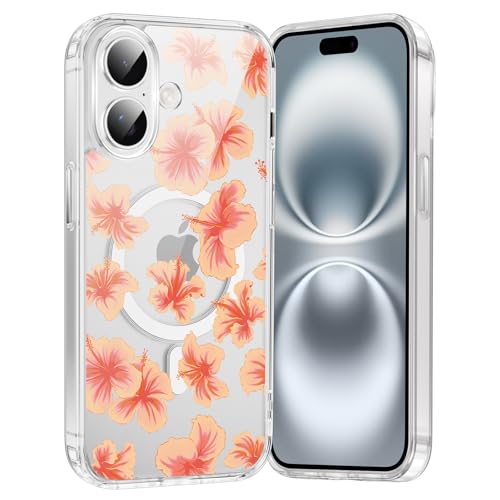 Xylota Cover Magnetica per iPhone 16, Custodia Aesthetic Fiori Summer Disegni Donne Ragazza Case Compatibile con MagSafe, Trasparente Morbido Silicone TPU Antiurto Protettiva Cover, 02