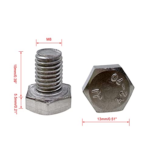 Image of M8 Hex Bolt, M8-1.25 x 10mm Hex Head Screw Bolts, 304 Stainless Steel, Fully Threaded, Plain Finish, Hex Tap Bolts 20Pcs(M8x10mm)