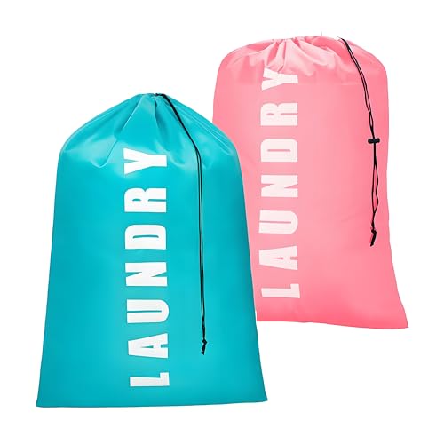 2 Pack Large Laundry Bags,24"" x 36"" Portable Travel Laundry Bag with Drawstring Cord,Travels Laundry Bags for Dirty Clothes, Ideal for Travel, Home, Dormitory, and Camping Use (Cyan + Pink)