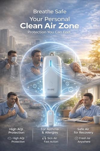 Image of RAIRE M1 Portable Wearable Air Purifier | Personal Air Purifier for Dust, Smoke & Pollution | Fileterless Design | 180-Hour Battery Backup | USB Type-C Rechargeable