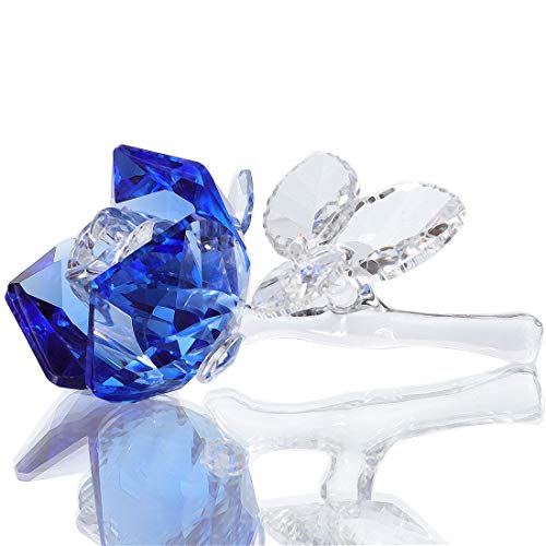 Waltz&F Crystal Rose Flower Glass Rose Paperweight Figurine Collectible Statue Wedding Table Centerpiece Ornament,Blue Rose