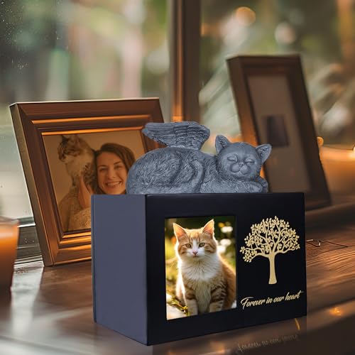 DiDiBirDi Tierurnen für Katze,Haustier Einäscherung Box,Katze Urne für Asche,Schwarze Katze Urnen aus Holz für Asche,Wird mit Einer Katzenstatue aus Kunstharz und einem Samtbeutel zur Aufbewahr