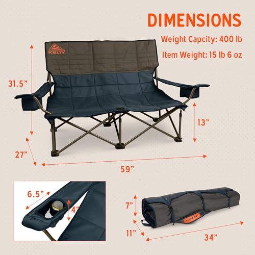 Image of Kelty Low Loveseat 2 Person Folding Camping Chair (Low Height /Dark Shadow) | Low Height Seat, Comfortably Fits 2 Adults, Slight Recline, Insulated Cup Holders, Perfect for Soccer Games, Concerts