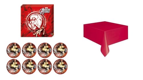 ALMACENESADAN, 4883, pack Avenger, Iron Man composé d'une nappe de 120 x 180 cm, de 20 serviettes en papier de 33 x 33 cm et de 8 assiettes en carton de 23 cm, idéal pour les fêtes et les