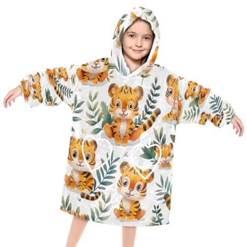 Wearable Blanket Hoodie for Kids, Stealthy Tiger Fleece Sweatshirt Blanket Oversized Blanket Sweatshirt with Pocket Flannel Warm Hooded Blanket 6-10 Year Old Girl Boy Gift, One Size