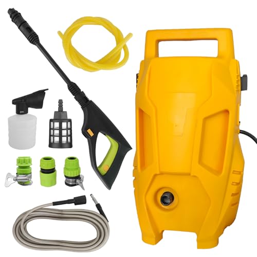 Limpiador a presión eléctrico, máximo 130 bar, caudal de 380 l/h, área de cobertura de 25 m²/h, manguera de 7 m, pistola pulverizadora, filtro de agua, extractor de polvo para coches y suelos