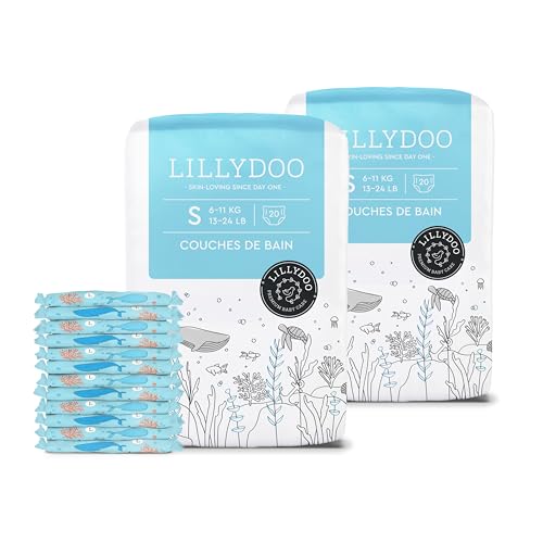 LILLYDOO - Couches de Bain Jetables, Douces pour la Peau des Bébés, Taille S (6-11 kg), 2 paquets (40 pièces), Protection Optimale dans l'Eau, Design...