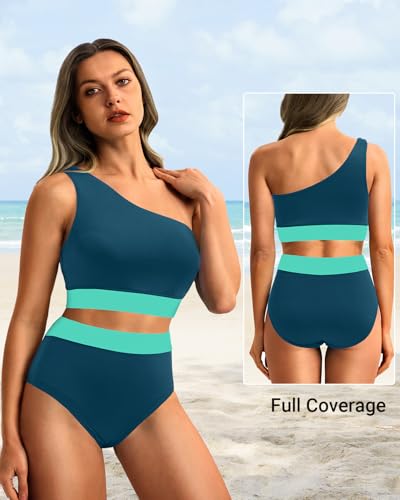Image of Holipick Women One Shoulder High Waisted Bikini Sets Two Piece Swimsuit Tummy Control Bathing Suit Full Coverage Swimwear