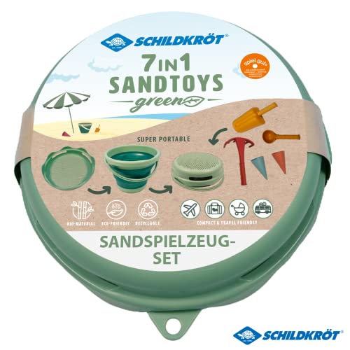 Schildkröt® 7in1 Sand Toys Set in Bio-Qualität: Innovatives Sand-Spielset mit 6 Werkzeugen aus Zuckerrohr zum Graben, Formen, Sieben und Rechen, Faltbarer 3 Liter Eimer