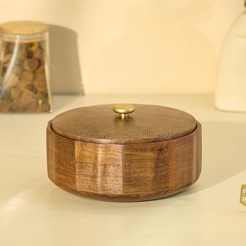 Image of Brick Brown Anant Wooden Roti Box with Lid | Solid Wood Chapati Box for Kitchen & Dining | Designer Roti Casserole & Roti Hot Pot Case | Faceted Roti Dabba Server | Storage Container (8x8x4 Inch)