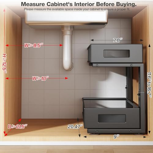 Image of 2 Packs 21IN Depth Under Sink Organizer, 2-Tier Pull Out Cabinet Organizer With Smooth Circular Rail, Large Capacity Metal Mesh Sliding Drawers For Bathroom& Kitchen Storage,Height Adjustable-Black