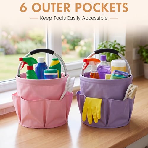 Image of LemonRoad 10 Pack Cleaning Caddy with Handle Bulk 17L Collapsible Cleaning Supplies Organizer, Waterproof Oxford Cloth Tote with 6 Pockets & Soft Grip Handle for Housekeeping, Office, Home, Garden